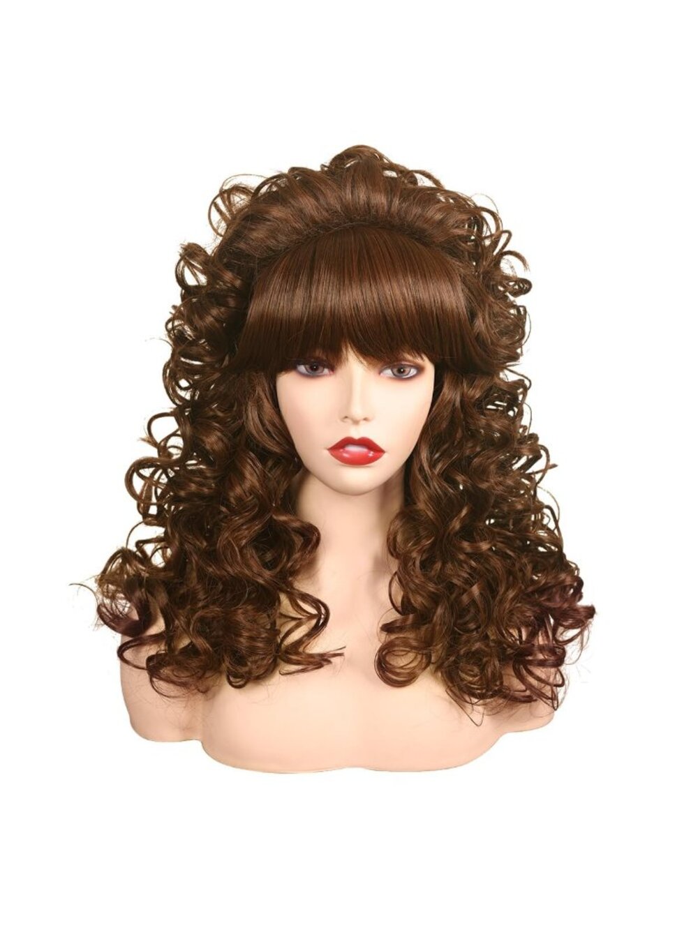 Women's Brown Costume For Halloween Long Curly Vintage Cosplay Wig Bangs
